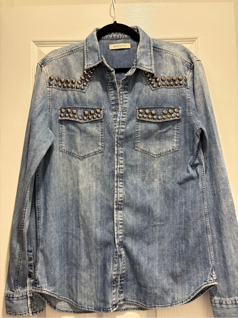 Pierre Balmain Light Blue Studded Denim Western Shirt Jacket